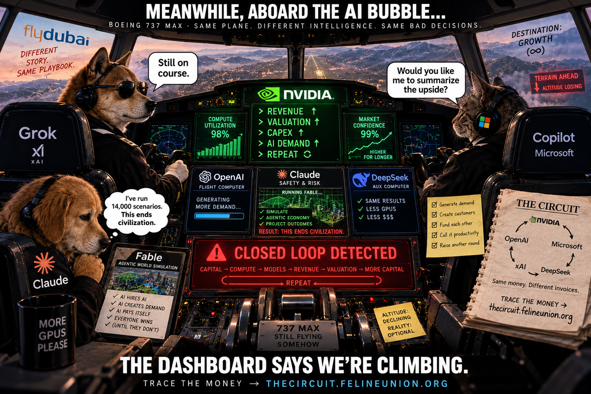A photoreal airliner cockpit. Four animals in flight uniforms at the controls: two dogs in the left seats, headrests labelled Grok xAI and Claude, and a lynx in the right seat, headrest labelled Copilot Microsoft. The centre instrument panel is an NVIDIA display reading REVENUE up, VALUATION up, CAPEX up, AI DEMAND up, REPEAT, flanked by COMPUTE UTILIZATION 98 percent and MARKET CONFIDENCE 99 percent, higher for longer. Below it, three smaller screens: OpenAI flight computer, generating more demand; Claude safety and risk, running Fable, result: this ends civilization; DeepSeek aux computer, same results, less GPUs, less dollars. A red master warning strip across the console reads CLOSED LOOP DETECTED, capital to compute to models to revenue to valuation to more capital, repeat. A notepad on the right is headed THE CIRCUIT and draws arrows between NVIDIA, Microsoft, DeepSeek, xAI and OpenAI, captioned: same money, different invoices. A warning light at the top right reads TERRAIN AHEAD, altitude losing. The headline above reads: meanwhile, aboard the AI bubble. The line below reads: the dashboard says we are climbing.